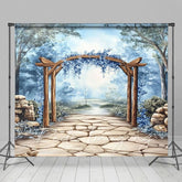 Aperturee - Aperturee Trees Blue Floral Arch Stone Floor Photo Backdrop